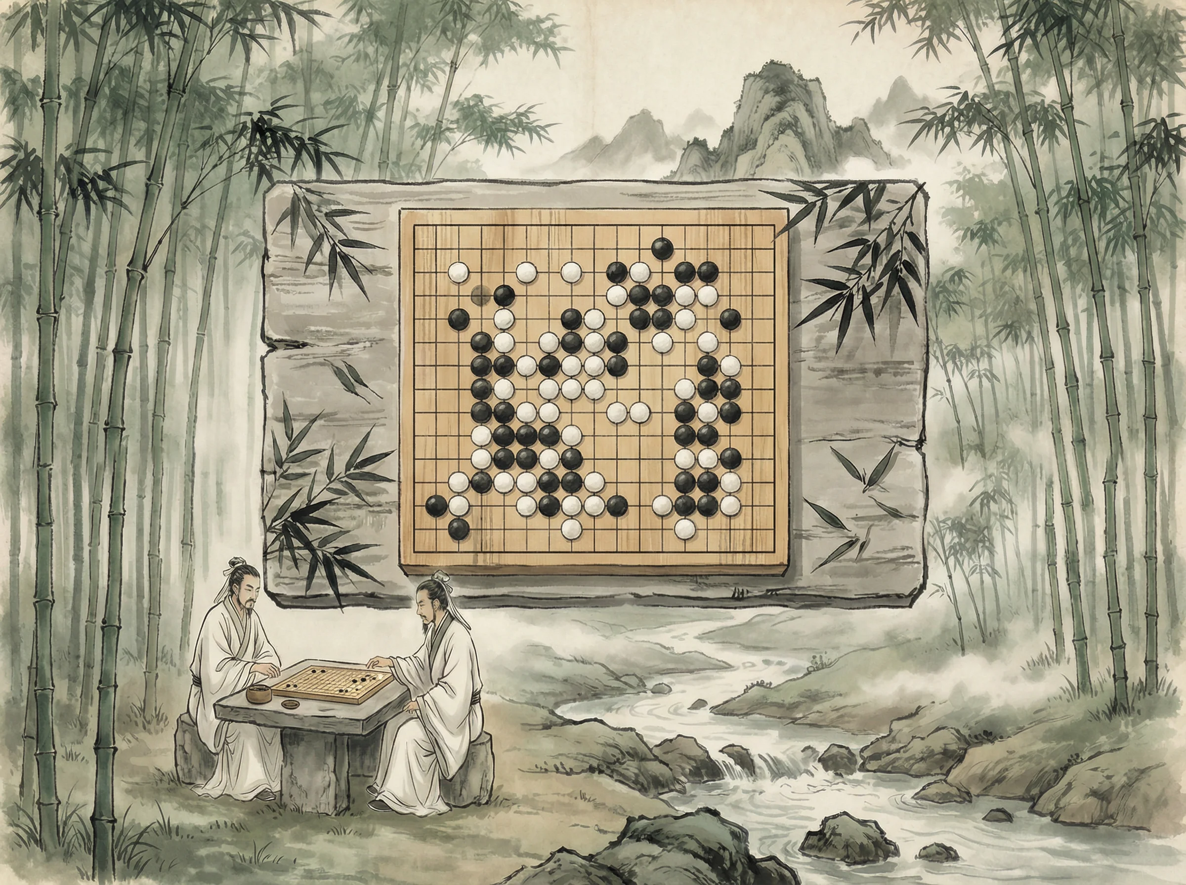 竹林悟道局 凤凰棋牌 棋盘布局，黑白子对峙