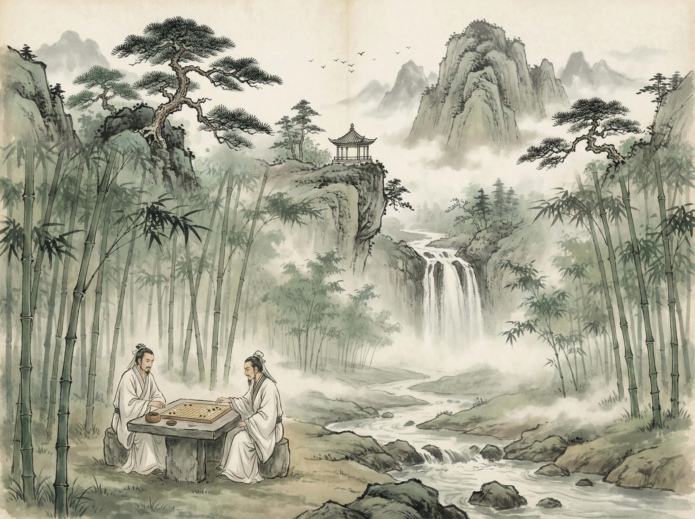 水墨山水画，松亭瀑布，凤凰棋牌 意境延伸
