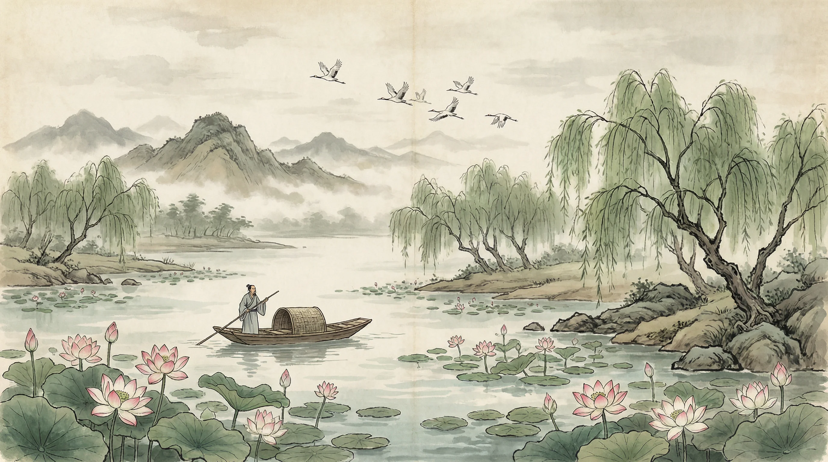 荷塘泛舟水墨画，与 凤凰棋牌 禅意相映