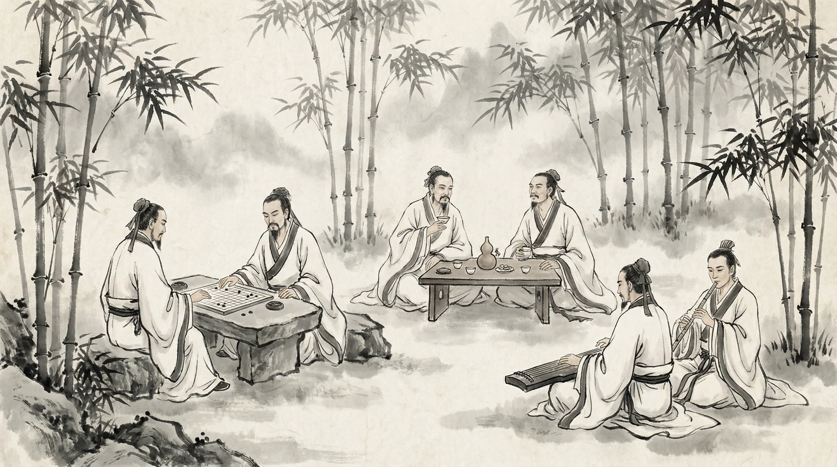 竹林七贤水墨画，隐士以棋会友，共参 凤凰棋牌 之道