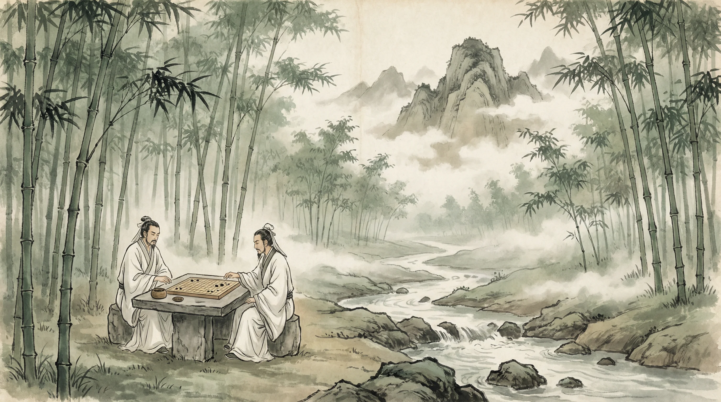 竹林对弈山水画，凤凰棋牌 棋道风景